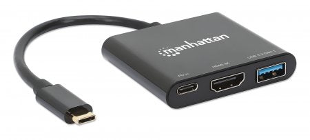 Manhattan USB-C Dock/Hub, Ports (x3): HDMI, USB-A and USB-C, With Power Delivery (100W) to USB-C Port (Note additional USB-C wall charger and USB-C cable needed), Universal for all devices, Cable 10cm, Black, Three Year Warranty