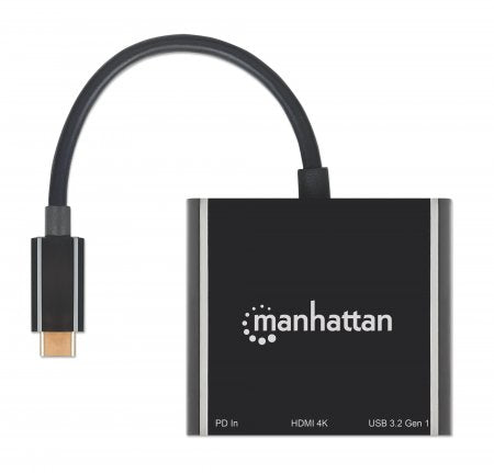 Manhattan USB-C Dock/Hub, Ports (x3): HDMI, USB-A and USB-C, With Power Delivery (100W) to USB-C Port (Note additional USB-C wall charger and USB-C cable needed), Universal for all devices, Cable 10cm, Black, Three Year Warranty