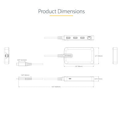 StarTech.com 3-Port USB-C Hub with Ethernet - 3x USB-A Ports, Gigabit Ethernet RJ45, USB 3.0 5Gbps, Bus-Powered, 1ft/30cm Long Cable - Portable Laptop USB Type-C Hub Adapter w/GbE