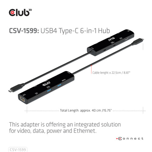 CLUB3D USB4™ Gen3x2 Type-C, 6-in-1 Hub with HDMI™ 8K60Hz or 4K120Hz, 2xUSB Type-A(10G), Ethernet RJ45(2.5G) and 2xUSB Type-C, 1x Data(10G) and 1xPD3.0 charging 100 watt