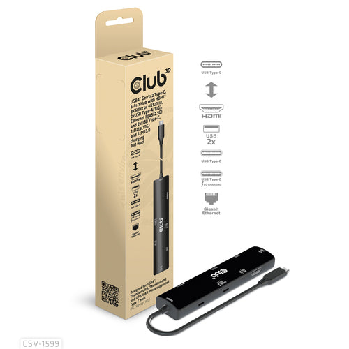 CLUB3D USB4™ Gen3x2 Type-C, 6-in-1 Hub with HDMI™ 8K60Hz or 4K120Hz, 2xUSB Type-A(10G), Ethernet RJ45(2.5G) and 2xUSB Type-C, 1x Data(10G) and 1xPD3.0 charging 100 watt