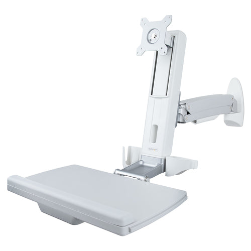 StarTech.com Wall Mount Workstation, Full Motion Sit Stand Desk w/ Height Adjustable VESA Monitor Arm & Keyboard Tray, Ergonomic Wall Mounted Computer Workstation, Single 27"/32" Display