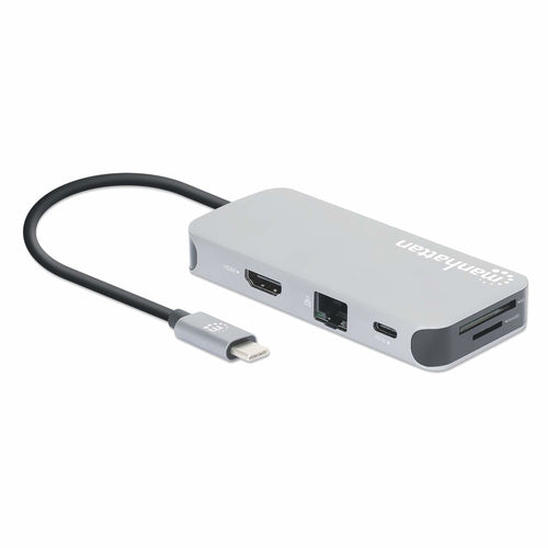 Manhattan USB-C Dock/Hub with Card Reader, Ports (x6): Ethernet, HDMI, USB-A (x3) and USB-C, With Power Delivery (100W) to USB-C Port (Note additional USB-C wall charger and USB-C cable needed), Universal for all devices, Cable 15cm, Aluminium, Silver
