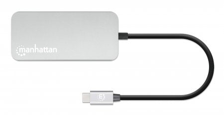 Manhattan USB-C Dock/Hub with Card Reader, Ports (x6): Ethernet, HDMI, USB-A (x3) and USB-C, With Power Delivery (100W) to USB-C Port (Note additional USB-C wall charger and USB-C cable needed), Universal for all devices, Cable 15cm, Aluminium, Silver