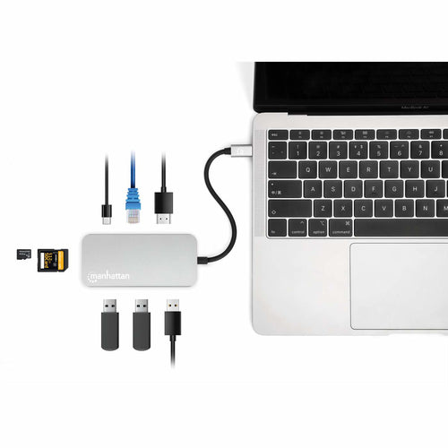 Manhattan USB-C Dock/Hub with Card Reader, Ports (x6): Ethernet, HDMI, USB-A (x3) and USB-C, With Power Delivery (100W) to USB-C Port (Note additional USB-C wall charger and USB-C cable needed), Universal for all devices, Cable 15cm, Aluminium, Silver