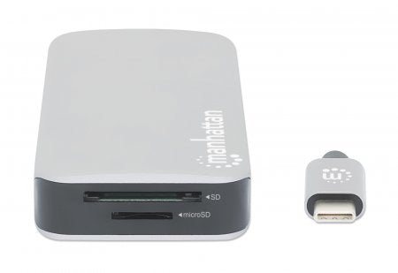 Manhattan USB-C Dock/Hub with Card Reader, Ports (x6): Ethernet, HDMI, USB-A (x3) and USB-C, With Power Delivery (100W) to USB-C Port (Note additional USB-C wall charger and USB-C cable needed), Universal for all devices, Cable 15cm, Aluminium, Silver