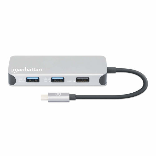 Manhattan USB-C Dock/Hub with Card Reader, Ports (x6): Ethernet, HDMI, USB-A (x3) and USB-C, With Power Delivery (100W) to USB-C Port (Note additional USB-C wall charger and USB-C cable needed), Universal for all devices, Cable 15cm, Aluminium, Silver