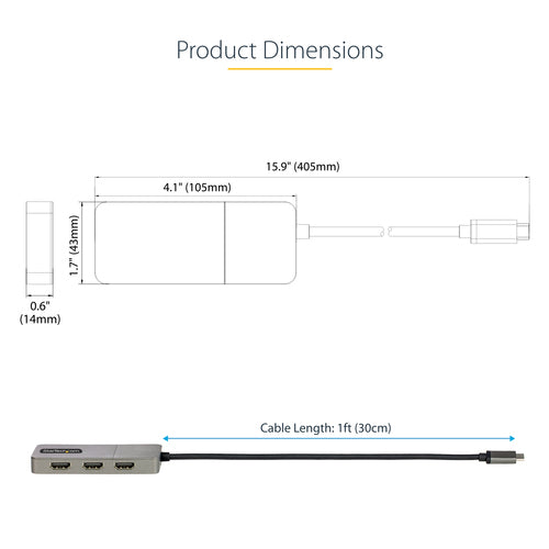 StarTech.com 3-Port USB-C MST Hub - USB Type-C to 3x HDMI Multi-Monitor Adapter for Laptop - Triple HDMI up to 4K 60Hz with DP 1.4 Alt Mode & DSC - HDR - 1ft (30cm) Cable - Windows Only