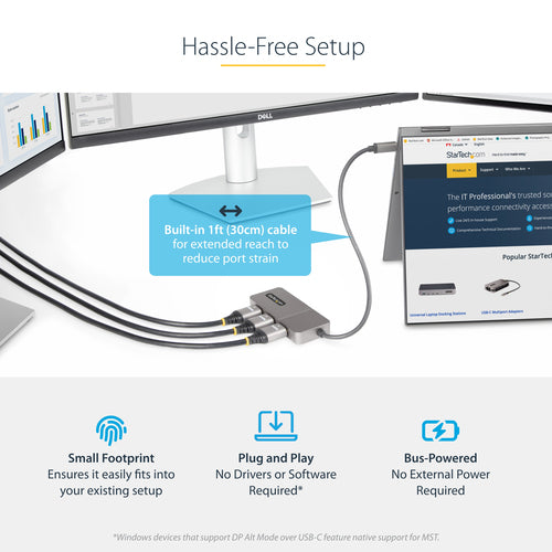 StarTech.com 3-Port USB-C MST Hub - USB Type-C to 3x HDMI Multi-Monitor Adapter for Laptop - Triple HDMI up to 4K 60Hz with DP 1.4 Alt Mode & DSC - HDR - 1ft (30cm) Cable - Windows Only