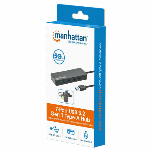 Manhattan USB-A Dock/Hub, Ports (x7): USB-A (x7), 5 Gbps (USB 3.2 Gen1 aka USB 3.0), External Power Supply Not Needed, Cable 15cm, SuperSpeed USB, Black, Three Year Warranty