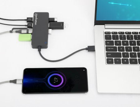 Manhattan USB-A Dock/Hub, Ports (x7): USB-A (x7), 5 Gbps (USB 3.2 Gen1 aka USB 3.0), External Power Supply Not Needed, Cable 15cm, SuperSpeed USB, Black, Three Year Warranty