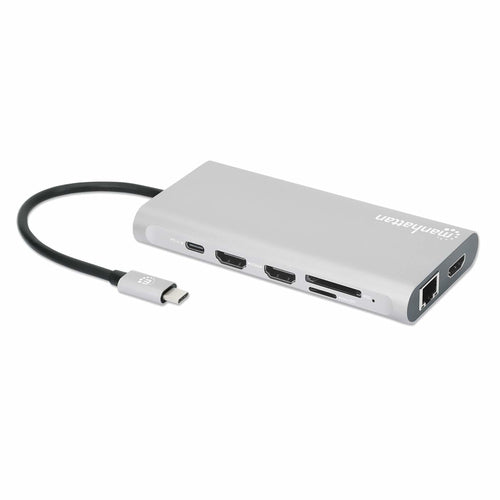 Manhattan USB-C Dock/Hub with Card Reader and MST, Ports (x10): Ethernet, 4K HDMI (X3), USB-A (x3) and USB-C (x2), With Power Delivery (100W) to 1x USB-C Port (USB-C wall charger/ cable needed), MST = Multi-Stream Transport, Universal for all devices