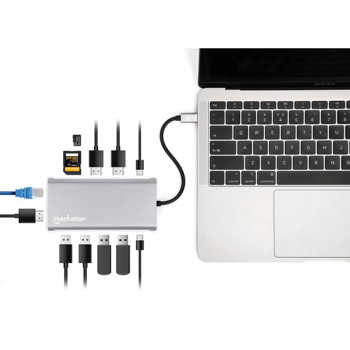 Manhattan USB-C Dock/Hub with Card Reader and MST, Ports (x10): Ethernet, 4K HDMI (X3), USB-A (x3) and USB-C (x2), With Power Delivery (100W) to 1x USB-C Port (USB-C wall charger/ cable needed), MST = Multi-Stream Transport, Universal for all devices