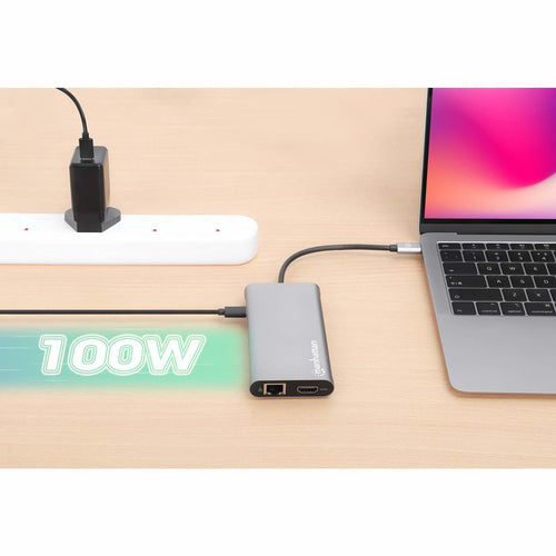 Manhattan USB-C Dock/Hub with Card Reader and MST, Ports (x10): Ethernet, 4K HDMI (X3), USB-A (x3) and USB-C (x2), With Power Delivery (100W) to 1x USB-C Port (USB-C wall charger/ cable needed), MST = Multi-Stream Transport, Universal for all devices