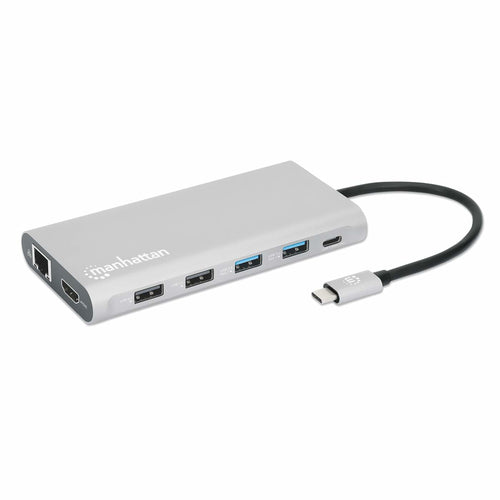 Manhattan USB-C Dock/Hub with Card Reader and MST, Ports (x10): Ethernet, 4K HDMI (X3), USB-A (x3) and USB-C (x2), With Power Delivery (100W) to 1x USB-C Port (USB-C wall charger/ cable needed), MST = Multi-Stream Transport, Universal for all devices
