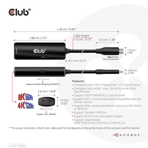 CLUB3D USB Gen2 Type-C to HDMI™ 8K60Hz or 4K120Hz HDR10+ with DSC1.2 with Power Delivery 3.0 Active Adapter M/F