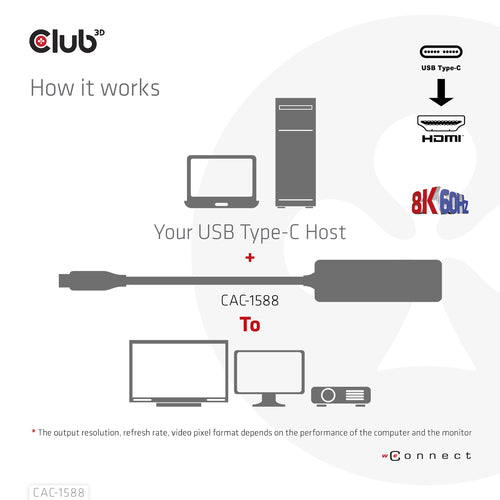 CLUB3D USB Gen2 Type-C to HDMI™ 8K60Hz or 4K120Hz HDR10+ with DSC1.2 with Power Delivery 3.0 Active Adapter M/F