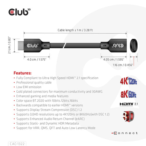 CLUB3D Ultra High Speed HDMI Extension Cable 4K120Hz 8K60Hz 48Gbps M/F 1 m / 3.28 ft 30AWG