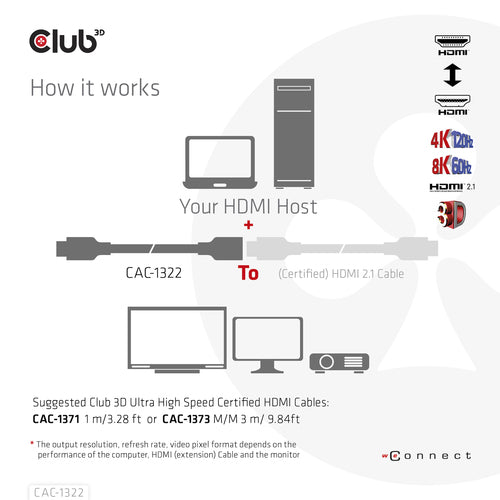 CLUB3D Ultra High Speed HDMI Extension Cable 4K120Hz 8K60Hz 48Gbps M/F 1 m / 3.28 ft 30AWG