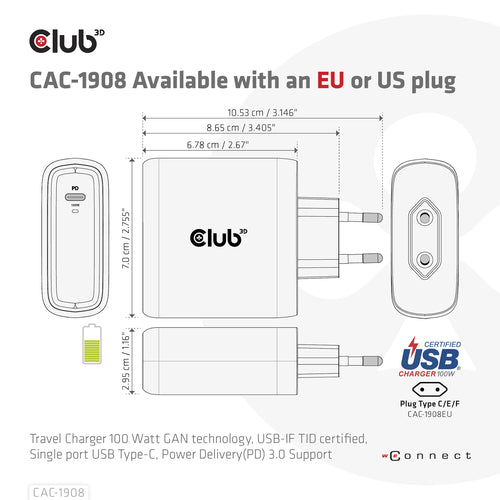 CLUB3D Travel Charger 100 Watt GAN technology, USB-IF TID certified, Single port USB Type-C, Power Delivery(PD) 3.0 Support