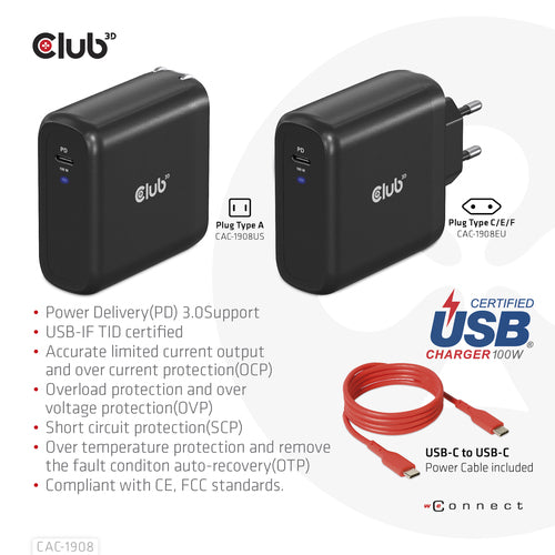 CLUB3D Travel Charger 100 Watt GAN technology, USB-IF TID certified, Single port USB Type-C, Power Delivery(PD) 3.0 Support