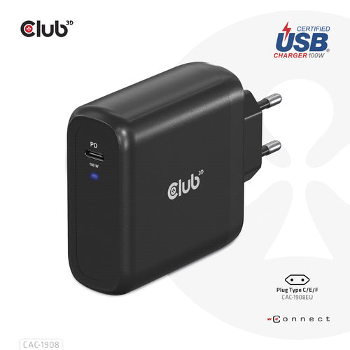 CLUB3D Travel Charger 100 Watt GAN technology, USB-IF TID certified, Single port USB Type-C, Power Delivery(PD) 3.0 Support