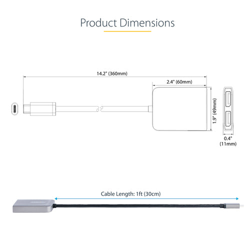 StarTech.com USB-C to Dual Displayport 1.4 Adapter, USB Type-C Multi-Monitor MST Hub, Dual 5K 60Hz DP Laptop Display Extender / Splitter, HDR, Extra-Long Built-In Cable - Windows Only