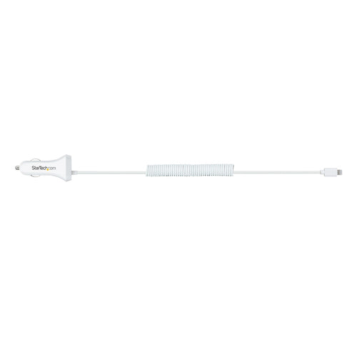 StarTech.com Lightning Car Charger with Coiled Cable, 1m Coiled Lightning Cable, 12W, White, 2 Port USB Car Charger Adapter for Phones and Tablets, Dual USB In Car iPhone Charger