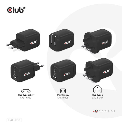 CLUB3D Travel Charger PPS 65Watt GAN technology, Triple port (2x USB Type-C + USB Type-A) Power Delivery(PD) 3.0 Support