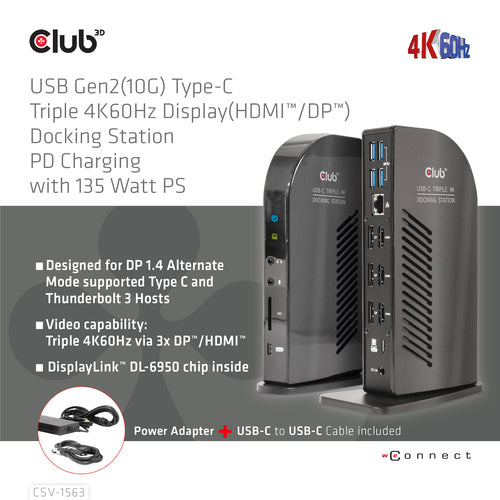 CLUB3D USB Gen2(10G) Type-C Triple 4K60Hz Display(HDMI/DP) Docking Station PD Charging with 135 Watt PS