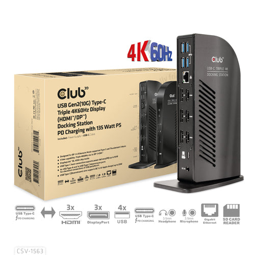 CLUB3D USB Gen2(10G) Type-C Triple 4K60Hz Display(HDMI/DP) Docking Station PD Charging with 135 Watt PS