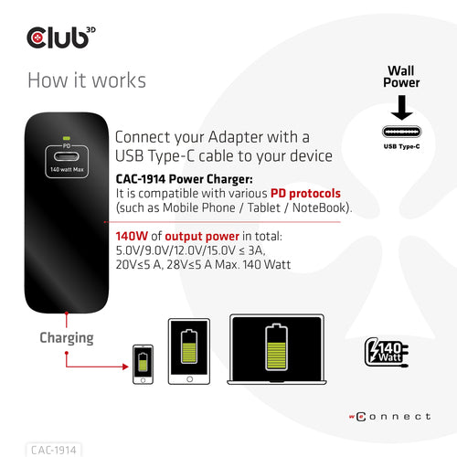CLUB3D Travel Charger 140 Watt GaN technology, Single port USB Type-C, Power Delivery(PD) 3.1 Support