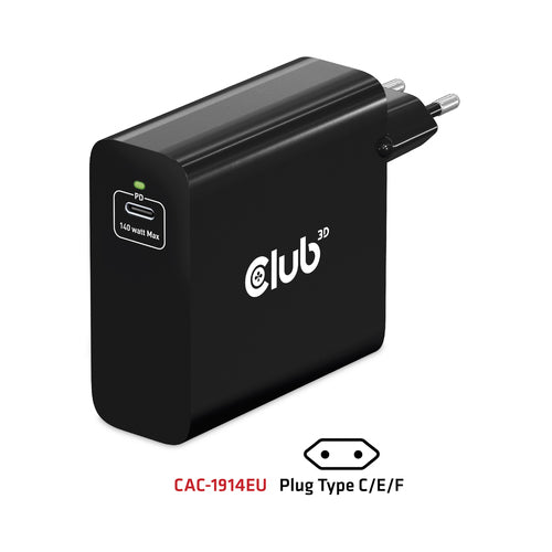 CLUB3D Travel Charger 140 Watt GaN technology, Single port USB Type-C, Power Delivery(PD) 3.1 Support