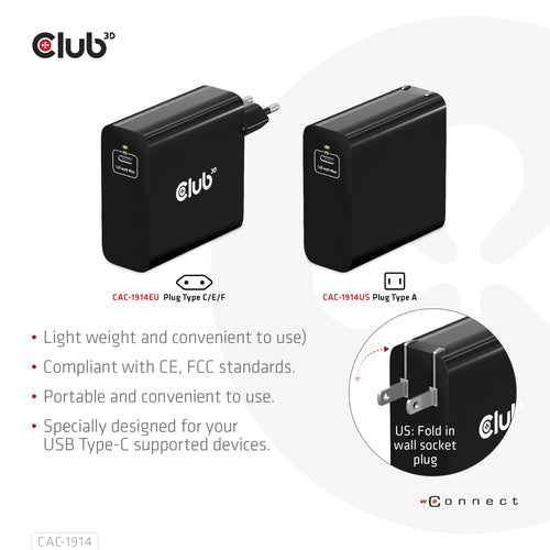CLUB3D Travel Charger 140 Watt GaN technology, Single port USB Type-C, Power Delivery(PD) 3.1 Support