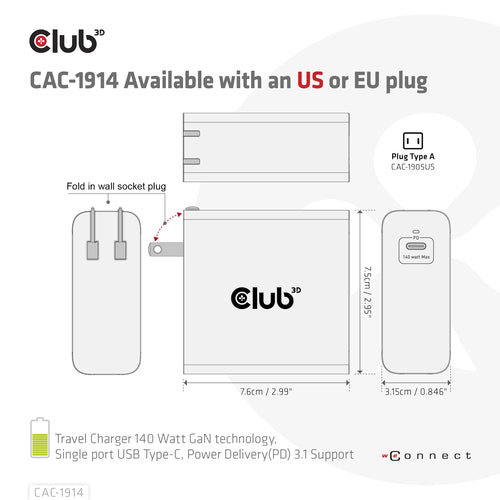 CLUB3D Travel Charger 140 Watt GaN technology, Single port USB Type-C, Power Delivery(PD) 3.1 Support