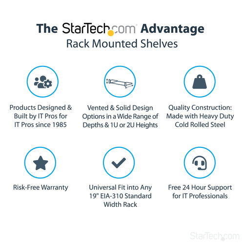 StarTech.com 2U Server Rack Shelf - Universal Rack Mount Cantilever Shelf for 19" Network Equipment Rack & Cabinet - Heavy Duty Steel – Weight Capacity 44lb/20kg - 16" Deep Tray, Black