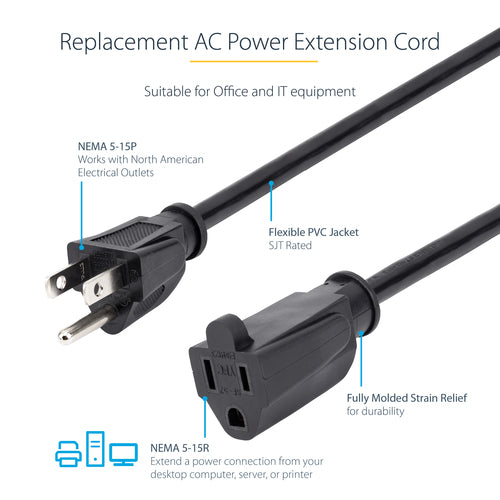 StarTech.com 25ft (7.6m) Power Extension Cord, NEMA 5-15R to NEMA 5-15P Black Extension Cord, 13A 125V, 16AWG, Outlet Extension Power Cable, NEMA 5-15R to NEMA 5-15P AC Computer Power Cord - UL Listed