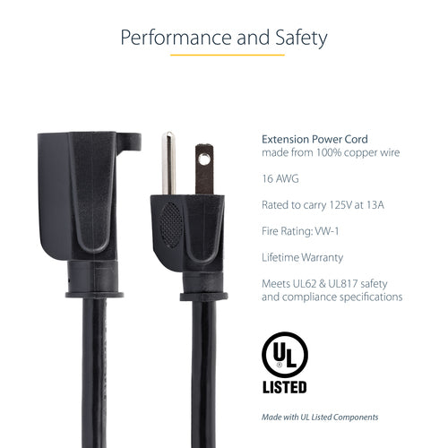 StarTech.com 1ft (30cm) Short Extension Cord, NEMA 5-15R to NEMA 5-15P Black Extension Cord, 13A 125V, 16AWG, Outlet Extension Power Cable, NEMA 5-15R to NEMA 5-15P AC Computer Power Cord - UL Listed