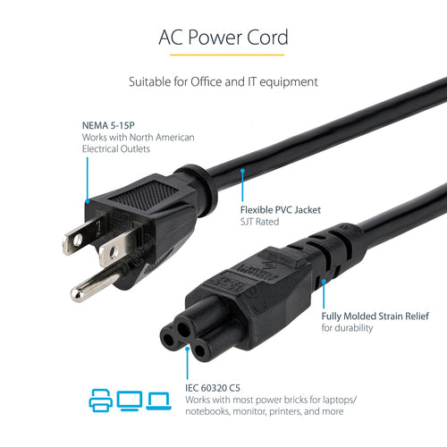 StarTech.com 6ft (1.8m) Laptop Power Cord, NEMA 5-15P to C5 (Clover Leaf), 10A 125V, 18AWG, Laptop Replacement Cord, Printer Power Cable, Laptop Charger Cord, Laptop Power Brick Cord - UL Listed
