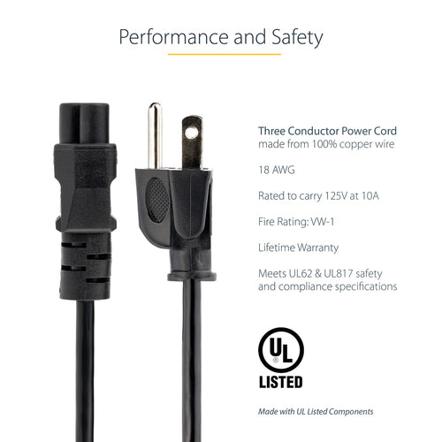 StarTech.com 6ft (1.8m) Laptop Power Cord, NEMA 5-15P to C5 (Clover Leaf), 10A 125V, 18AWG, Laptop Replacement Cord, Printer Power Cable, Laptop Charger Cord, Laptop Power Brick Cord - UL Listed