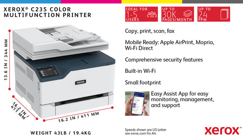 Xerox C235 A4 22ppm Wireless Copy/Print/Scan/Fax PS3 PCL5e/6 ADF 2 Trays Total 251 Sheets