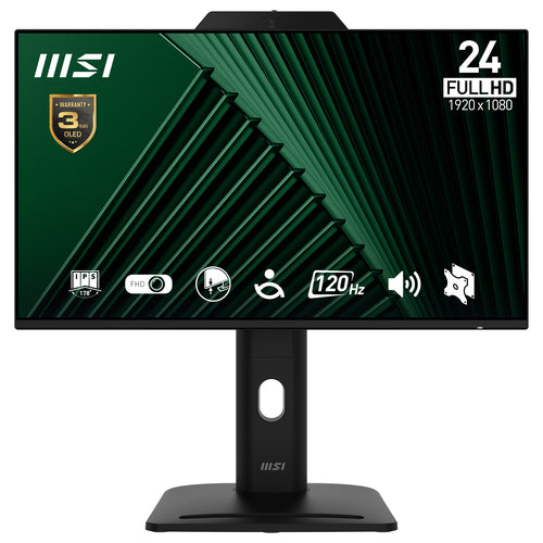 MSI Pro MP242PMG 23.8 Inch Monitor, FHD (1920 x 1080), 120Hz, IPS, 1ms, 1x HDMI 1.4b, 1x DP 1.2a, 1x D-Sub(VGA), 2xUSB 5Gbps Type-A, 1x USB 5Gbps Type-B, Built-in Speakers, Webcam, Anti-Glare, Anti-Flicker, Less Blue light, TÜV Certified, VESA,