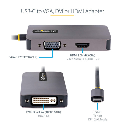 StarTech.com USB C Video Adapter, USB C to HDMI DVI VGA Adapter, Up to 4K 60Hz, Aluminum, Multiport Video Display Adapter, Thunderbolt 3 / 4 Compatible, USB Type C Travel Adapter