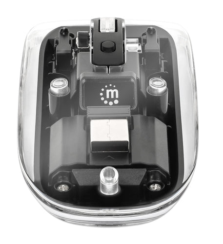 Manhattan Transparent Rechargeable Wireless Mouse, Clear/Black, Adjustable 800/1200/1600dpi, With RGB LED light, 2.4Ghz (effective range up to 10m), USB, Optical, Ambidextrous, Four Button with Scroll Wheel, Slim Design, USB-A micro receiver, Lithium Ion