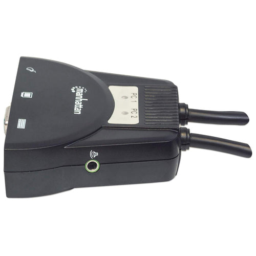 Manhattan KVM Switch Mini 2-Port, 2x USB-A, Cables included, Audio Support, Control 2x computers from one pc/mouse/screen, Black, Lifetime Warranty, Boxed