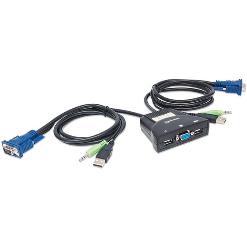 Manhattan KVM Switch Mini 2-Port, 2x USB-A, Cables included, Audio Support, Control 2x computers from one pc/mouse/screen, Black, Lifetime Warranty, Boxed