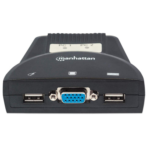 Manhattan KVM Switch Mini 2-Port, 2x USB-A, Cables included, Audio Support, Control 2x computers from one pc/mouse/screen, Black, Lifetime Warranty, Boxed