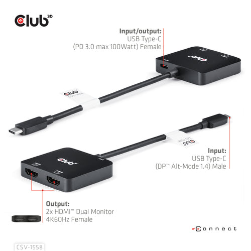 CLUB3D USB-C® Hub to Dual HDMI™ 4K60Hz M/F+PD3.0 100 Watt
