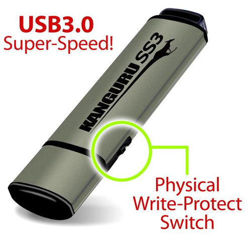 iStorage Kanguru SS3™ SuperSpeed USB3.0 128GB |Secure Flash Drive| Physical Write Protect Switch | Windows “Ready Boost” compatible | Simple Driverless Setup | Plug and Play