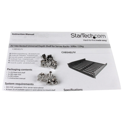 StarTech.com 2U Server Rack Shelf - Universal Vented Rack Mount Cantilever Tray for 19" Network Equipment Rack & Cabinet - Heavy Duty Steel - Weight Capacity 50lb/23kg - 16" Deep Shelf, Black